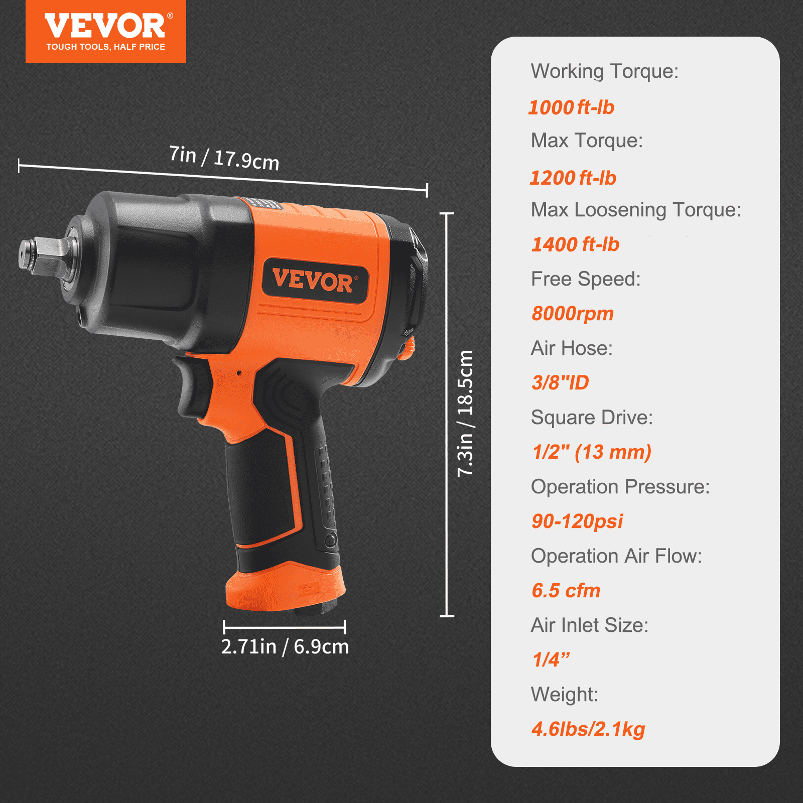 VEVOR 1/2-inch pneumatic impact wrench, high torque up to 2,000 Nm, lightweight pneumatic impact gun, with 11-piece 1/2-inch drive, CR-V steel impact socket set and carrying case