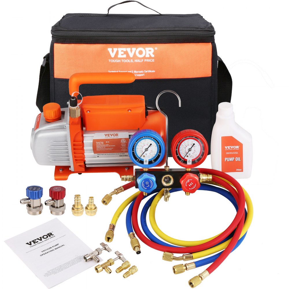 VEVOR Bomba de Vacío Aire Acondicionado 100 L/min Bomba de Vacío Refrigeración HVAC 150 W Kit Manómetros y Manguera Goma Tricolor 1440 rpm Bolsa de Transporte para R134a R1234yf Auto Frigorífico