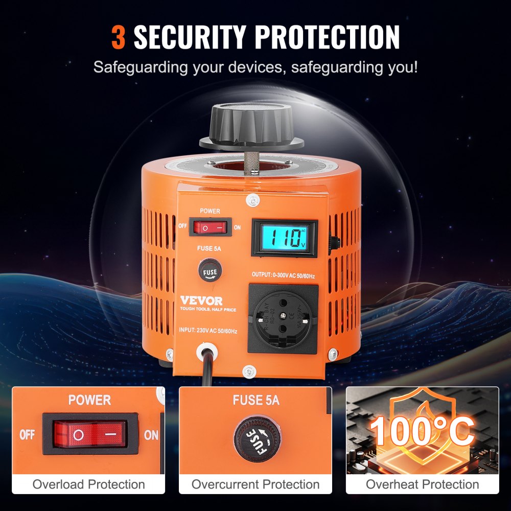 VEVOR Transformador de voltaje variable automático de 1000 VA, 3,3 A, entrada de 230 V, salida de 0-300 V, regulador de voltaje de CA LCD 4 fusibles, interruptor de control térmico para oficina