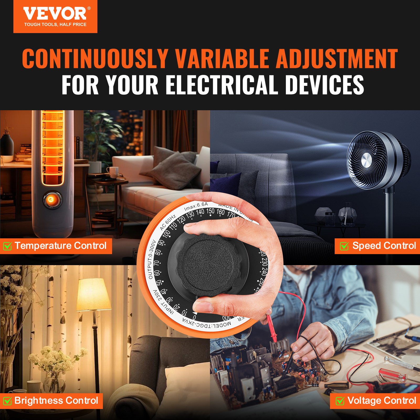 VEVOR Transformador de voltaje variable automático de 2000 VA, 6,6 A, entrada de 230 V, salida de 0-300 V, regulador de voltaje de CA LCD 4 fusibles, interruptor de control térmico para oficina