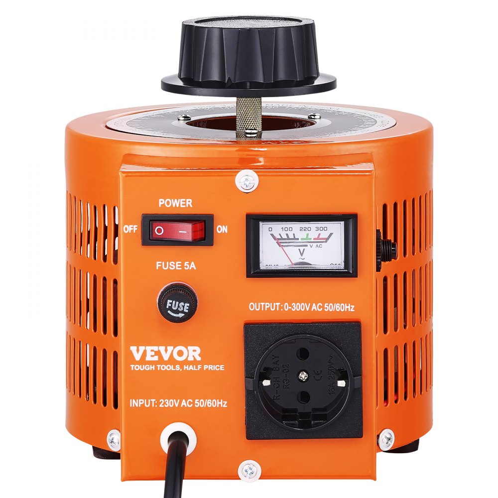 VEVOR Transformador de voltaje variable automático de 1000 VA, 3,3 A, entrada de 230 V, salida de 0-300 V, regulador de voltaje de CA 4 fusibles, interruptor de control térmico para oficina industrial