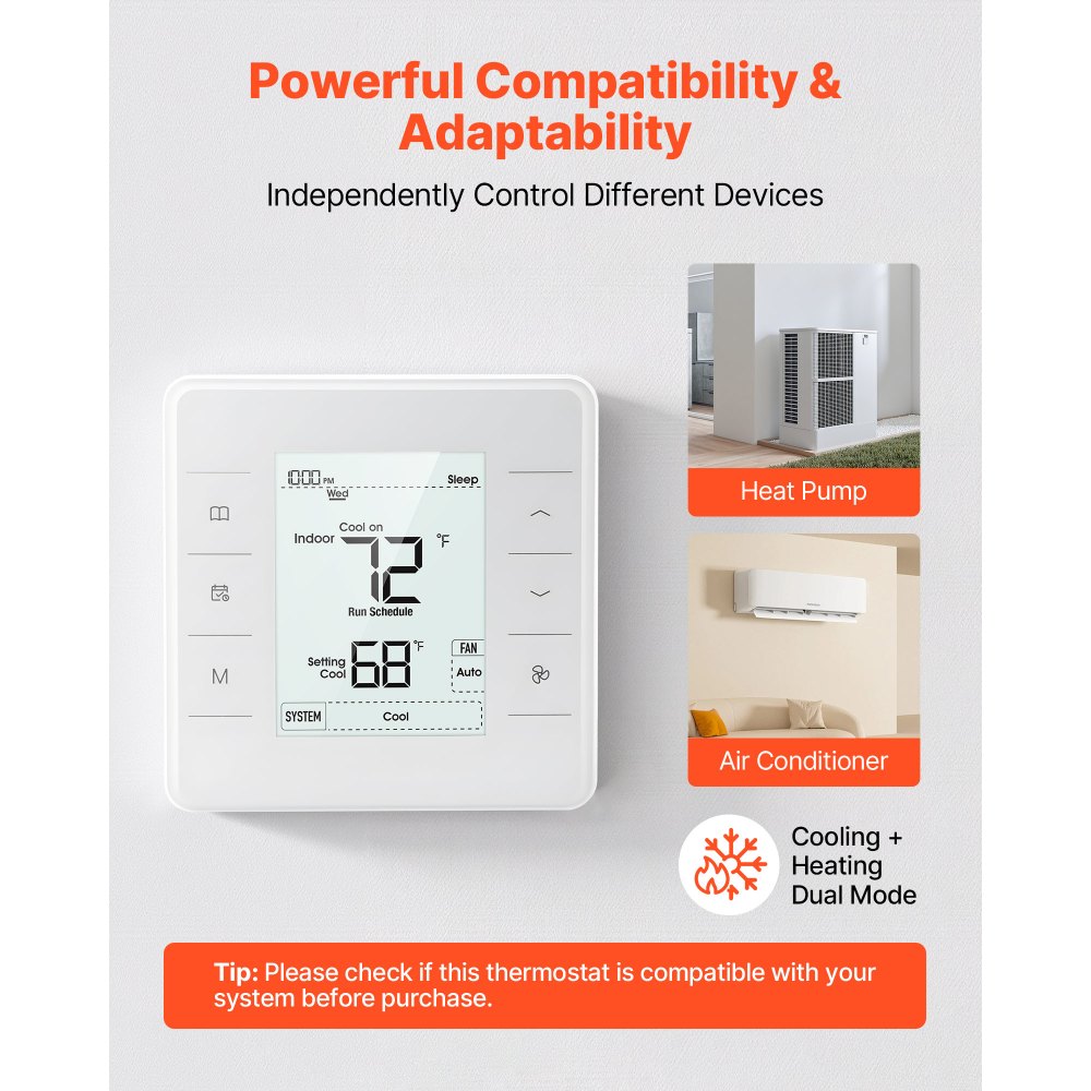 VEVOR Termostato Programable de 7 Días para Bomba de Calor, Aire Acondicionado y Suelo Radiante, Pantalla LED Retroiluminada, Amplio Rango de Temperatura de 5 a 37 °C, Blanco, 163 x 160 x 48 mm