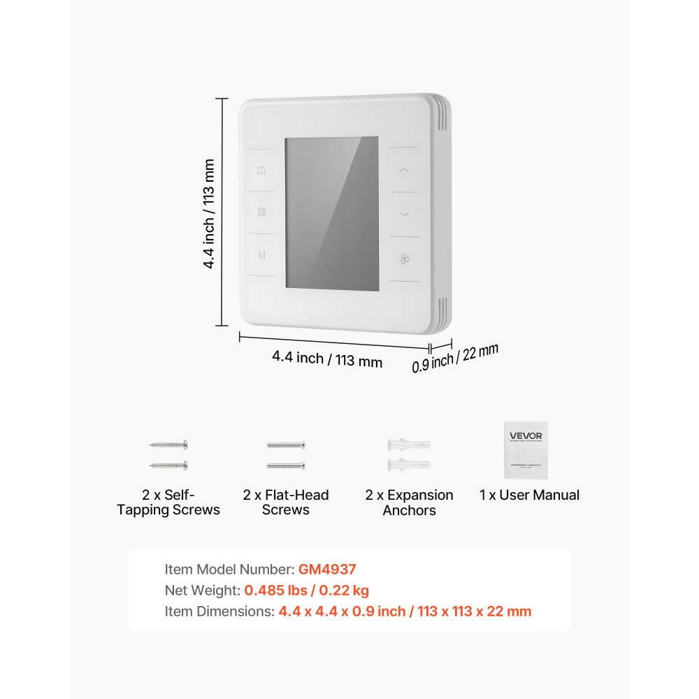 VEVOR Termostato Programable de 7 Días para Bomba de Calor, Aire Acondicionado y Suelo Radiante, Pantalla LED Retroiluminada, Amplio Rango de Temperatura de 5 a 37 °C, Blanco, 163 x 160 x 48 mm