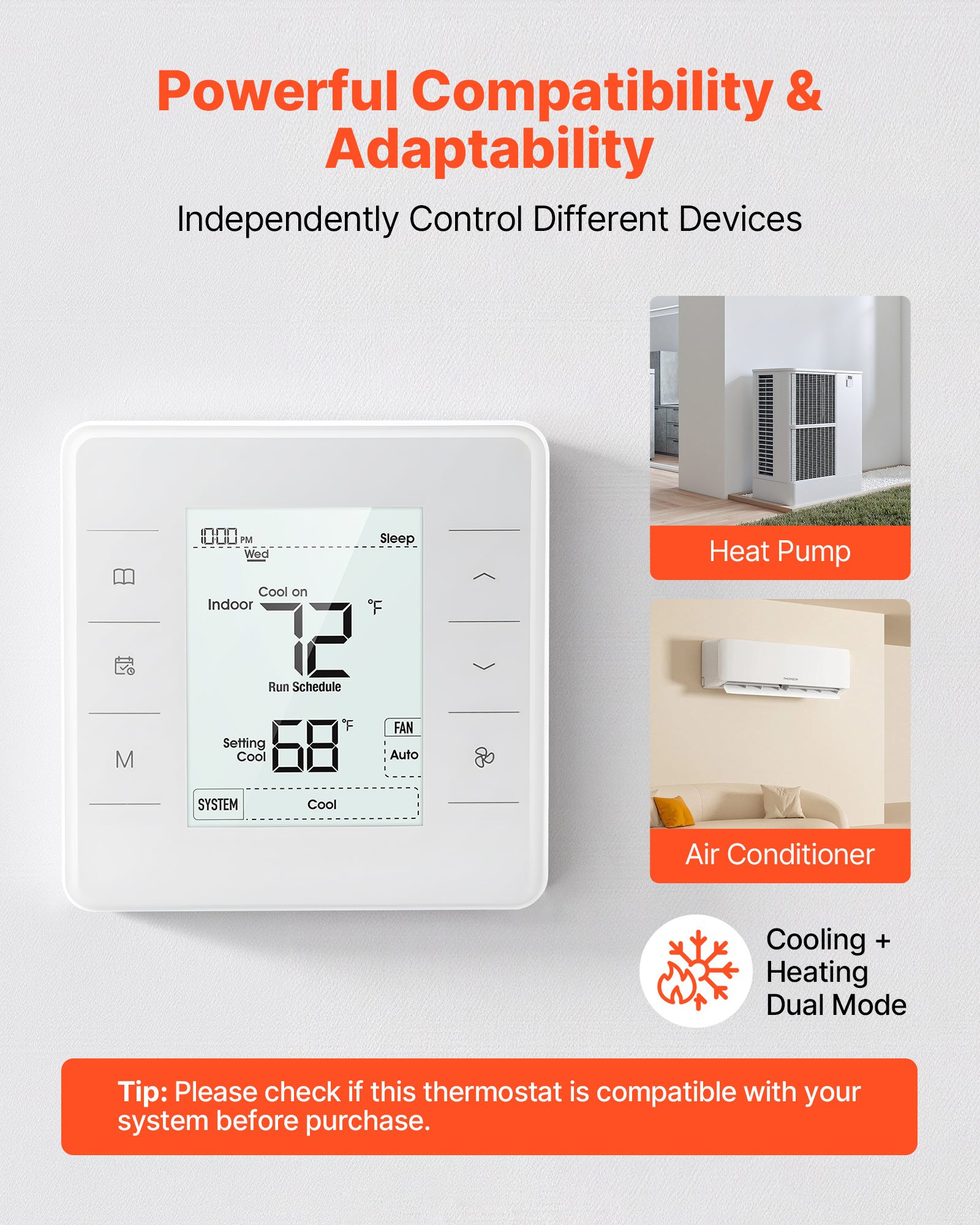 VEVOR Termostato Programable de 7 Días para Bomba de Calor, Aire Acondicionado y Suelo Radiante, Pantalla LED Retroiluminada, Amplio Rango de Temperatura de 5 a 37 °C, Blanco, 163 x 160 x 48 mm