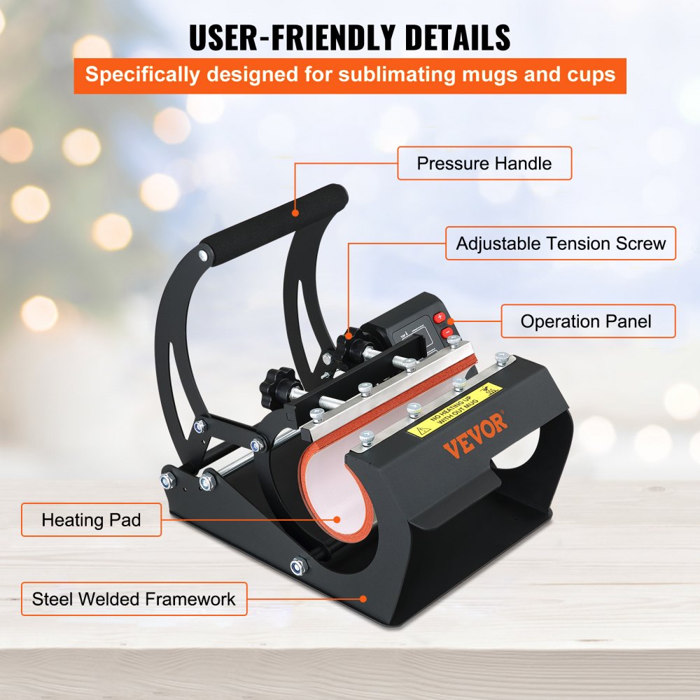 VEVOR Prensa Térmica para Tazas 560 W 325 ml 887 ml Prensa de Tazas 0-428℉ Negro Máquina de Prensado de Tazas 0-999 s para Transferir Imágenes Coloridas a Tazas de Cerámica, Tazas de Café y Vasos