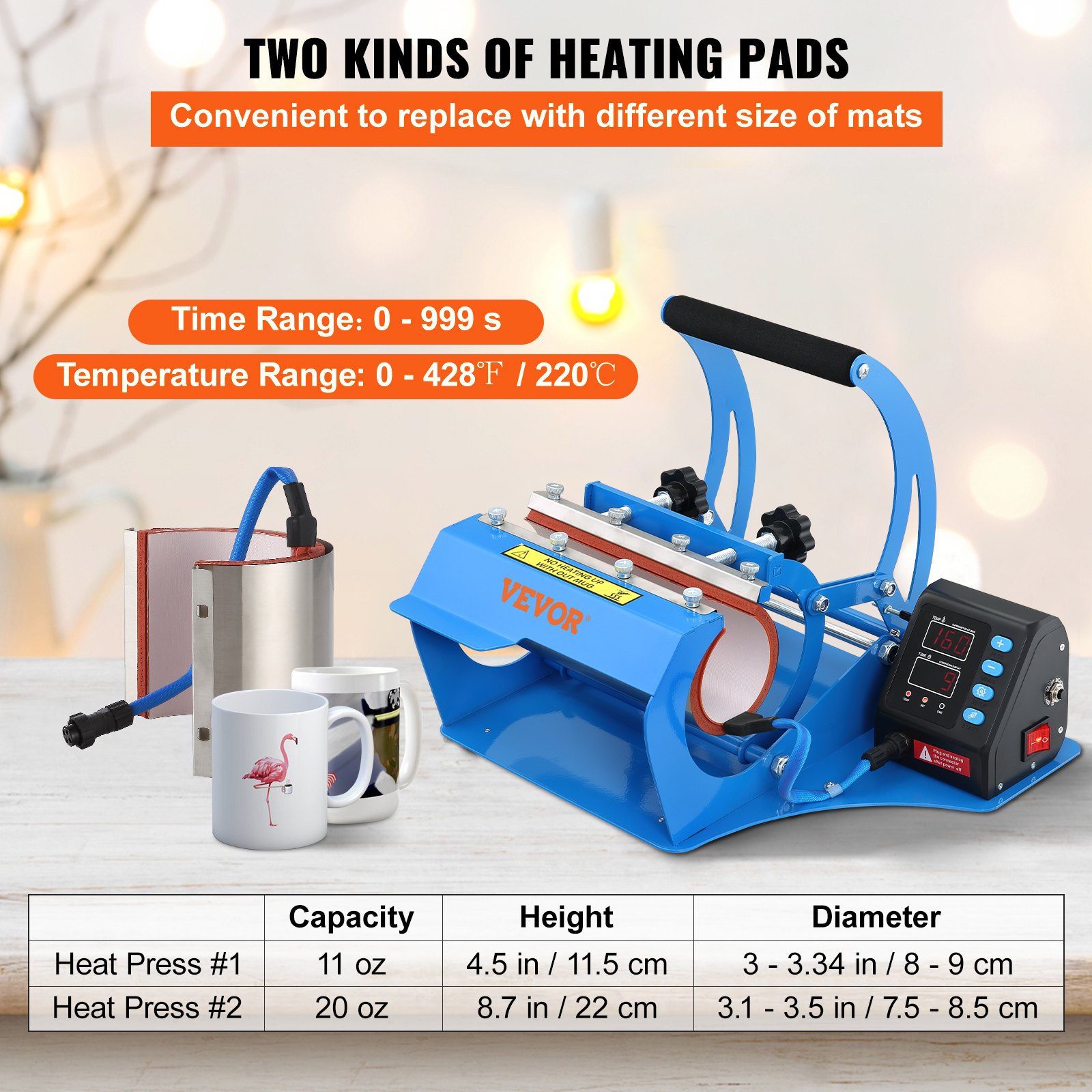 VEVOR Prensa Térmica para Tazas 560 W Prensa de Tazas 0 - 220 ℃ Azul Máquina de Prensado de Tazas 0 - 999 s para Transferir Imágenes Coloridas a Tazas de Cerámica, Tazas de Café y Vasos