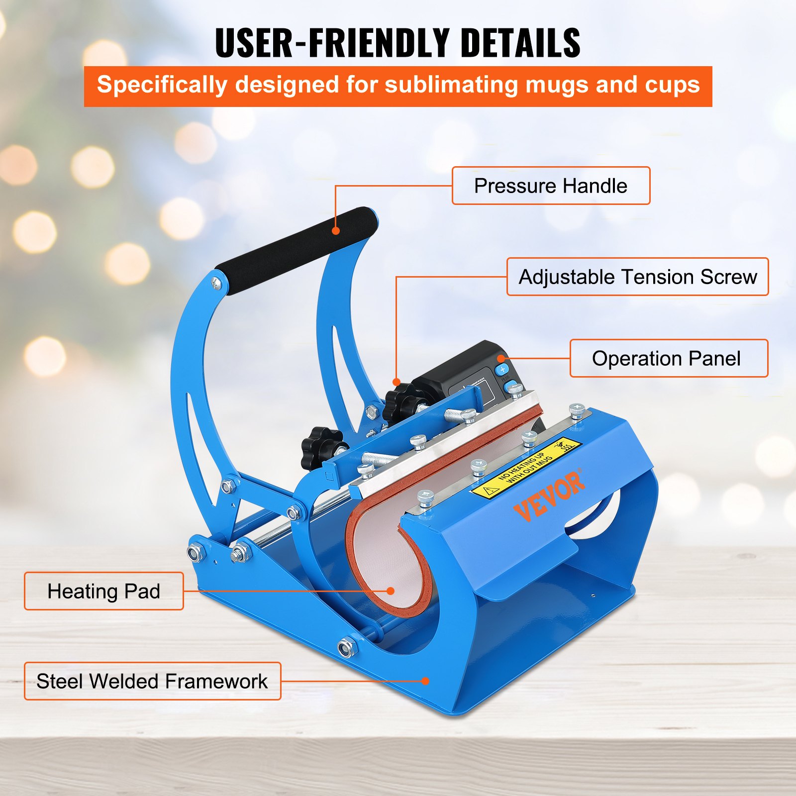 VEVOR Prensa Térmica para Tazas 560 W Prensa de Tazas 0 - 220 ℃ Azul Máquina de Prensado de Tazas 0 - 999 s para Transferir Imágenes Coloridas a Tazas de Cerámica, Tazas de Café y Vasos