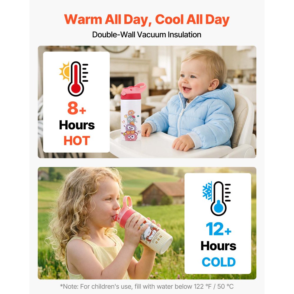 VEVOR Vasos de Sublimación 12 Piezas, Botellas de Agua para Niños de 355 ml de Acero Inoxidable, Apto para Uso Alimentario con Tapas y Pajitas, con Aislamiento de Doble Pared, para Manualidades