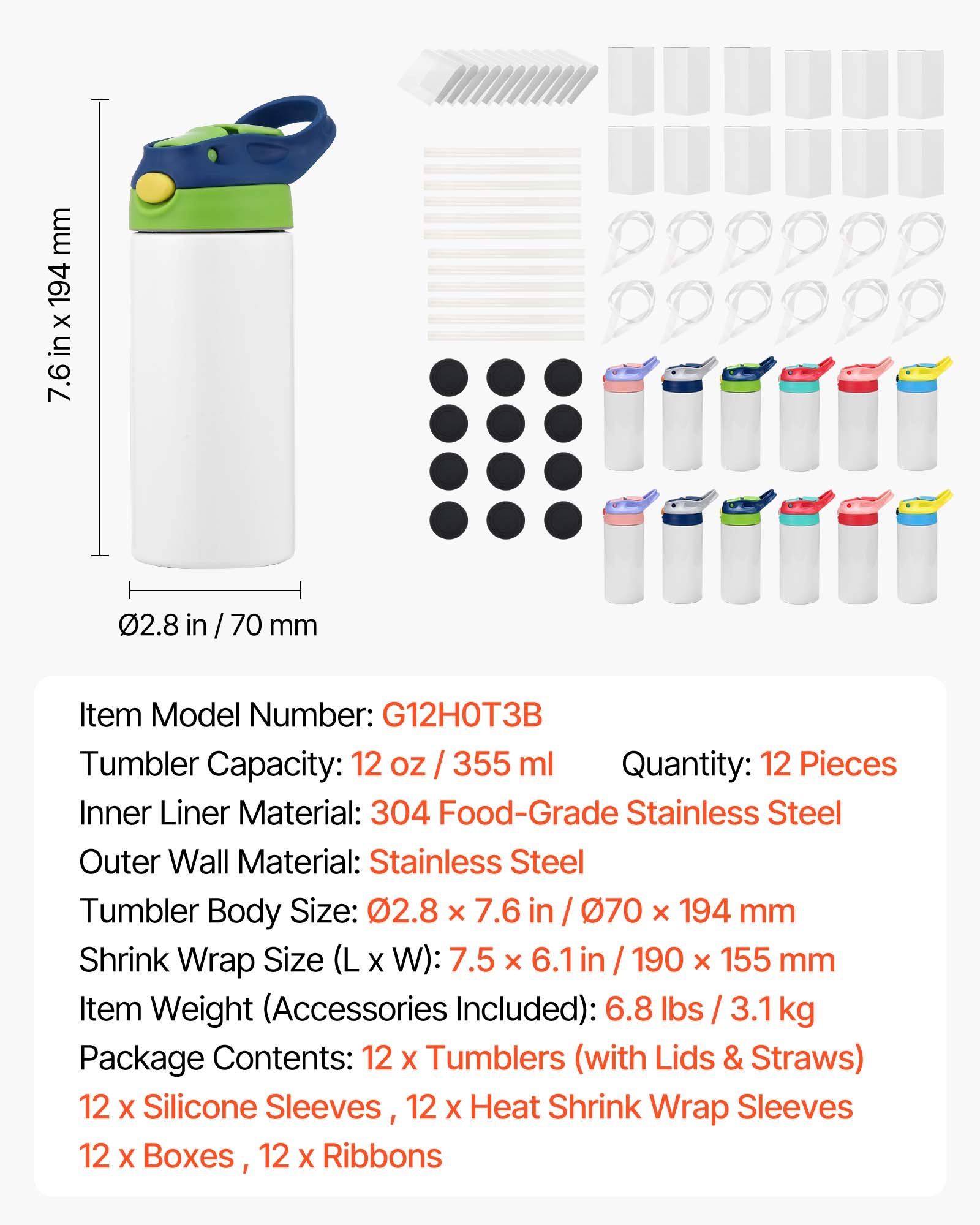 VEVOR Vasos de Sublimación 12 Piezas, Botellas de Agua para Niños de 355 ml de Acero Inoxidable, Apto para Uso Alimentario con Tapas y Pajitas, con Aislamiento de Doble Pared, para Manualidades