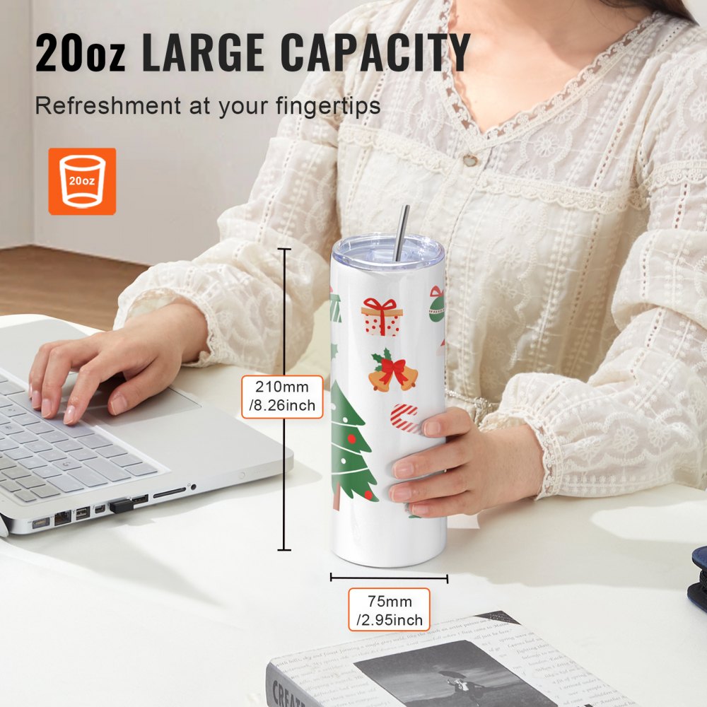 VEVOR Paquete de 16 Vasos de Sublimación Rectos de Acero Inoxidable de Doble Pared, Cada 591,5 ml,  Vaso con Pajita, Tapa, Cepillo, base, Envoltura Retráctil, Caja de Regalo, para prensa de calor