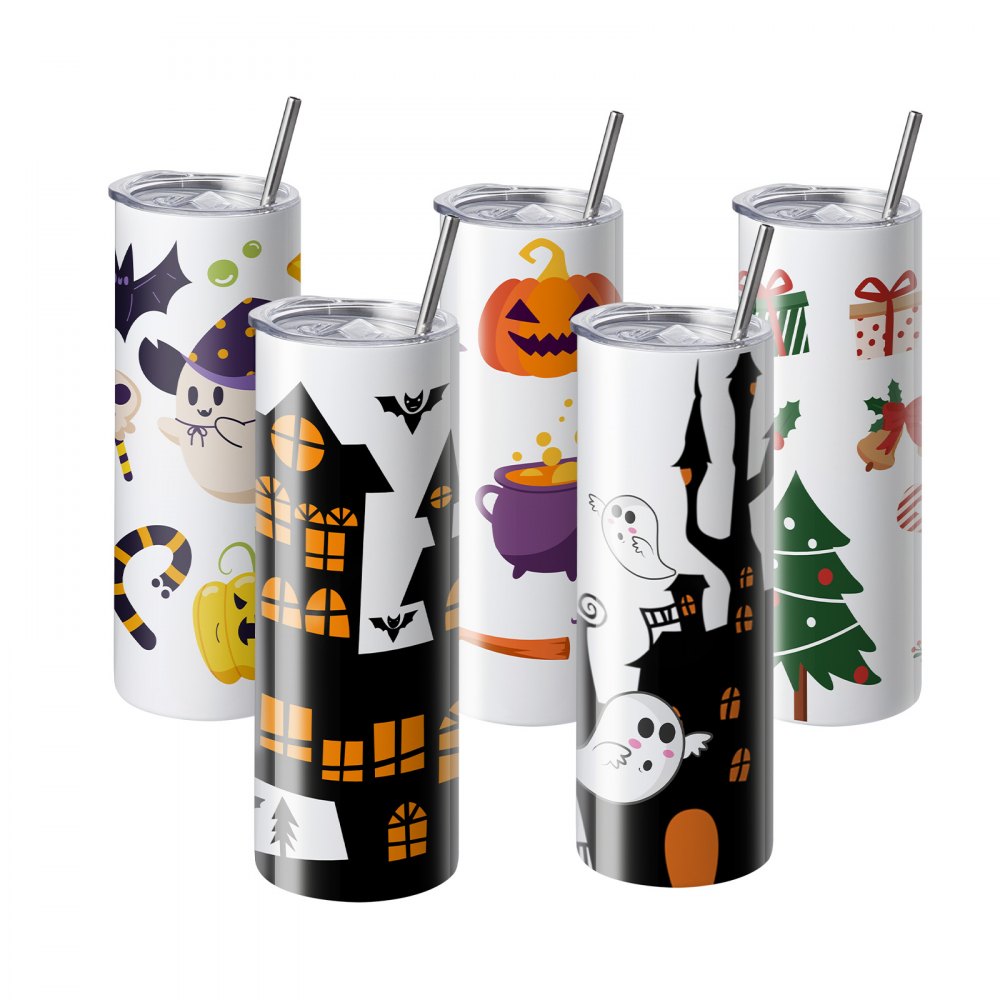 VEVOR Paquete de 16 Vasos de Sublimación Rectos de Acero Inoxidable de Doble Pared, Cada 591,5 ml,  Vaso con Pajita, Tapa, Cepillo, base, Envoltura Retráctil, Caja de Regalo, para prensa de calor
