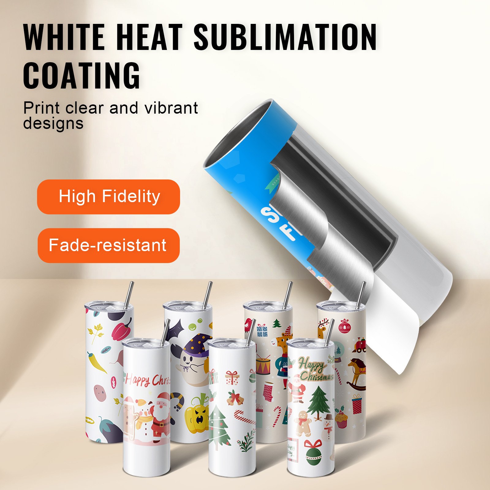 VEVOR Paquete de 16 Vasos de Sublimación Rectos de Acero Inoxidable de Doble Pared, Cada 591,5 ml,  Vaso con Pajita, Tapa, Cepillo, base, Envoltura Retráctil, Caja de Regalo, para prensa de calor