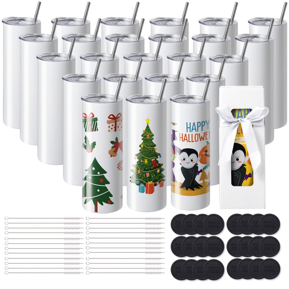 VEVOR Paquete de 24 Vasos de Sublimación Rectos de Acero Inoxidable de Doble Pared, Cada 591,5 ml,  Vaso con Pajita, Tapa, Cepillo, base, Envoltura Retráctil, Caja de Regalo, para prensa de calor