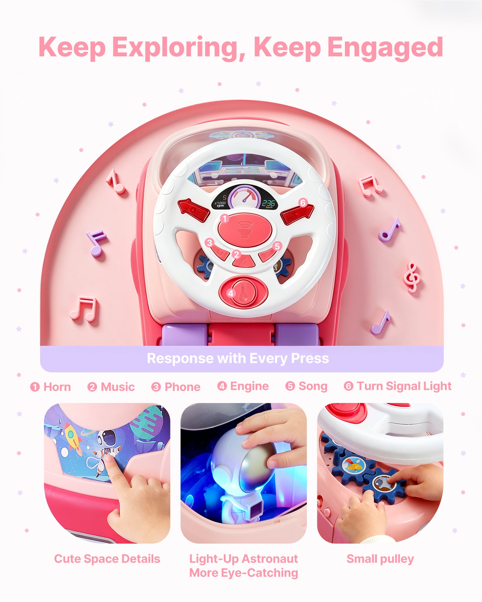 VEVOR Coche Correpasillos, Correpasillos para Niños 500 x 240 x 430 mm con Bocina y Música, Compartimento Bajo el Asiento, Capacidad de Carga de 22 kg, Andador para Niños de 19 a 36 Meses, Rosa