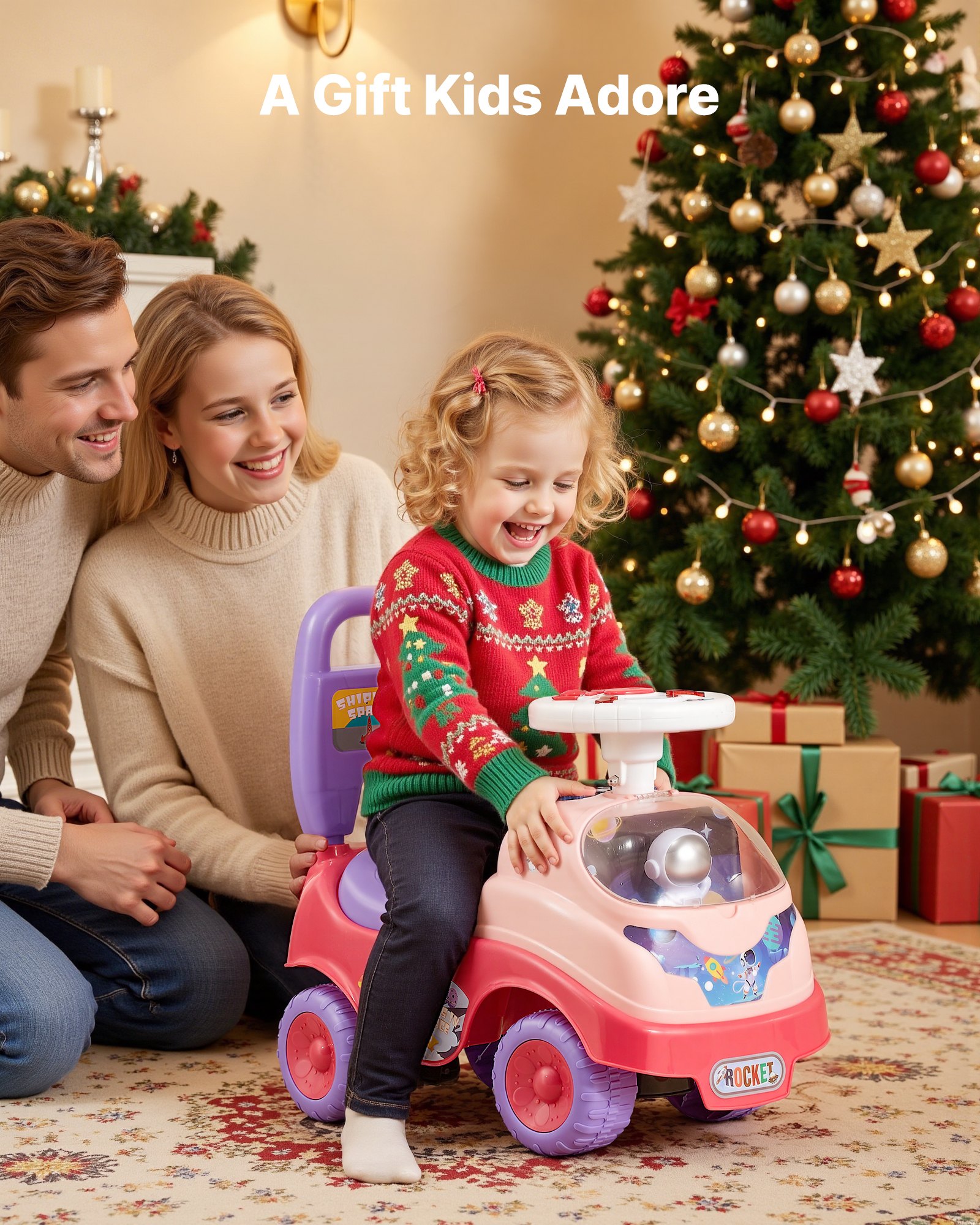 VEVOR Coche Correpasillos, Correpasillos para Niños 500 x 240 x 430 mm con Bocina y Música, Compartimento Bajo el Asiento, Capacidad de Carga de 22 kg, Andador para Niños de 19 a 36 Meses, Rosa