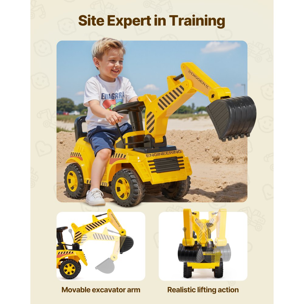 VEVOR Coche Correpasillos para Niños, Excavadora de Juguete de 1070 x 290 x 540 mm con Casco, Música y Pedales, Capacidad de Carga de 25 kg, Andador para Niños de 19 a 36 Meses, Amarillo