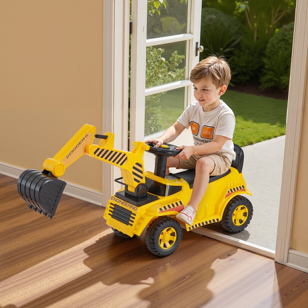 VEVOR Coche Correpasillos para Niños, Excavadora de Juguete de 1070 x 290 x 540 mm con Casco, Música y Pedales, Capacidad de Carga de 25 kg, Andador para Niños de 19 a 36 Meses, Amarillo