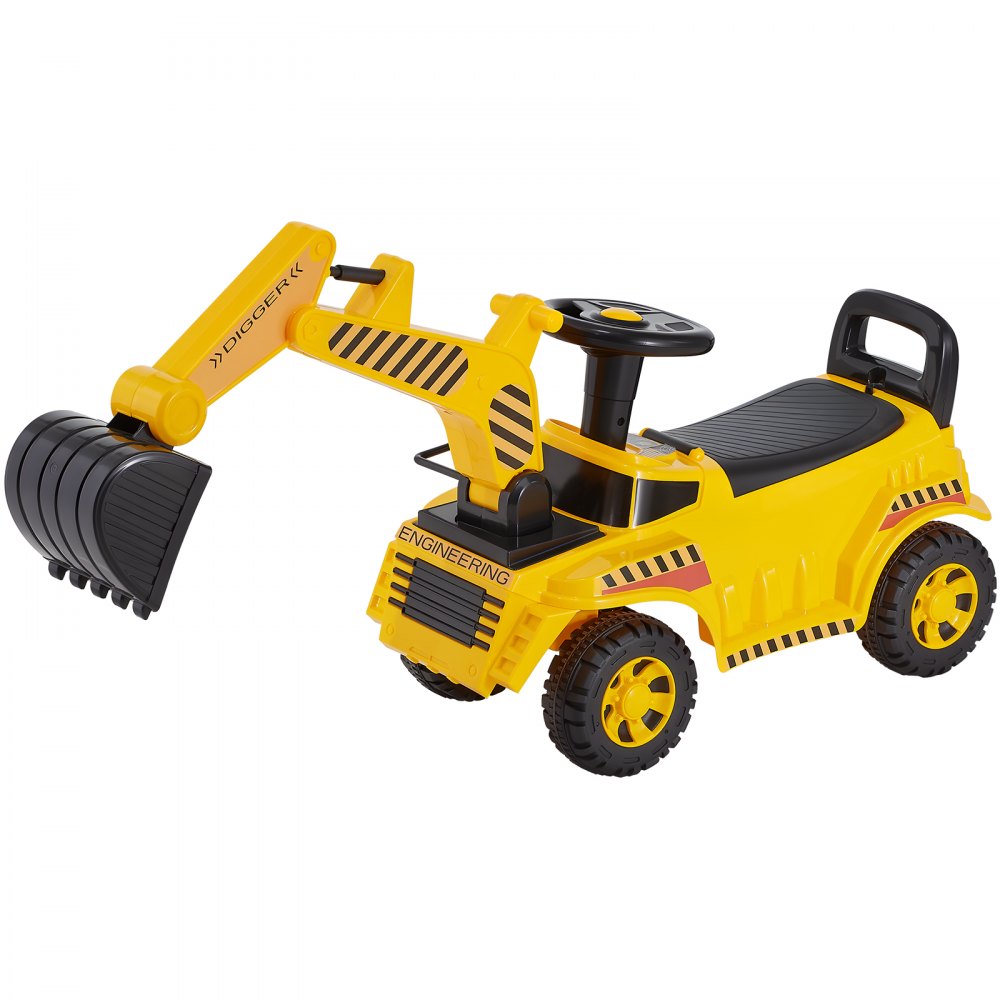 VEVOR Coche Correpasillos para Niños, Excavadora de Juguete de 1070 x 290 x 540 mm con Casco, Música y Pedales, Capacidad de Carga de 25 kg, Andador para Niños de 19 a 36 Meses, Amarillo