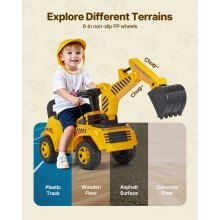 VEVOR Coche Correpasillos para Niños, Excavadora de Juguete de 1070 x 290 x 540 mm con Casco, Música y Pedales, Capacidad de Carga de 25 kg, Andador para Niños de 19 a 36 Meses, Amarillo