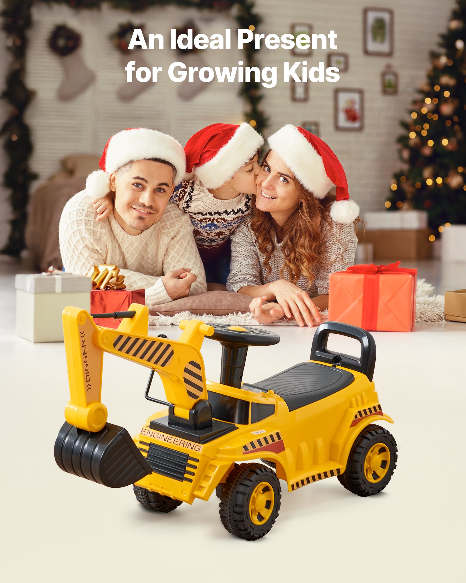 VEVOR Ride On Toddler Car, Push Car for Toddler 19 to 36 Months, Excavator Digger Toy with Helmet & Music, 25 kg Load Capacity, Foot-to-Floor Walker for Kids, Yellow