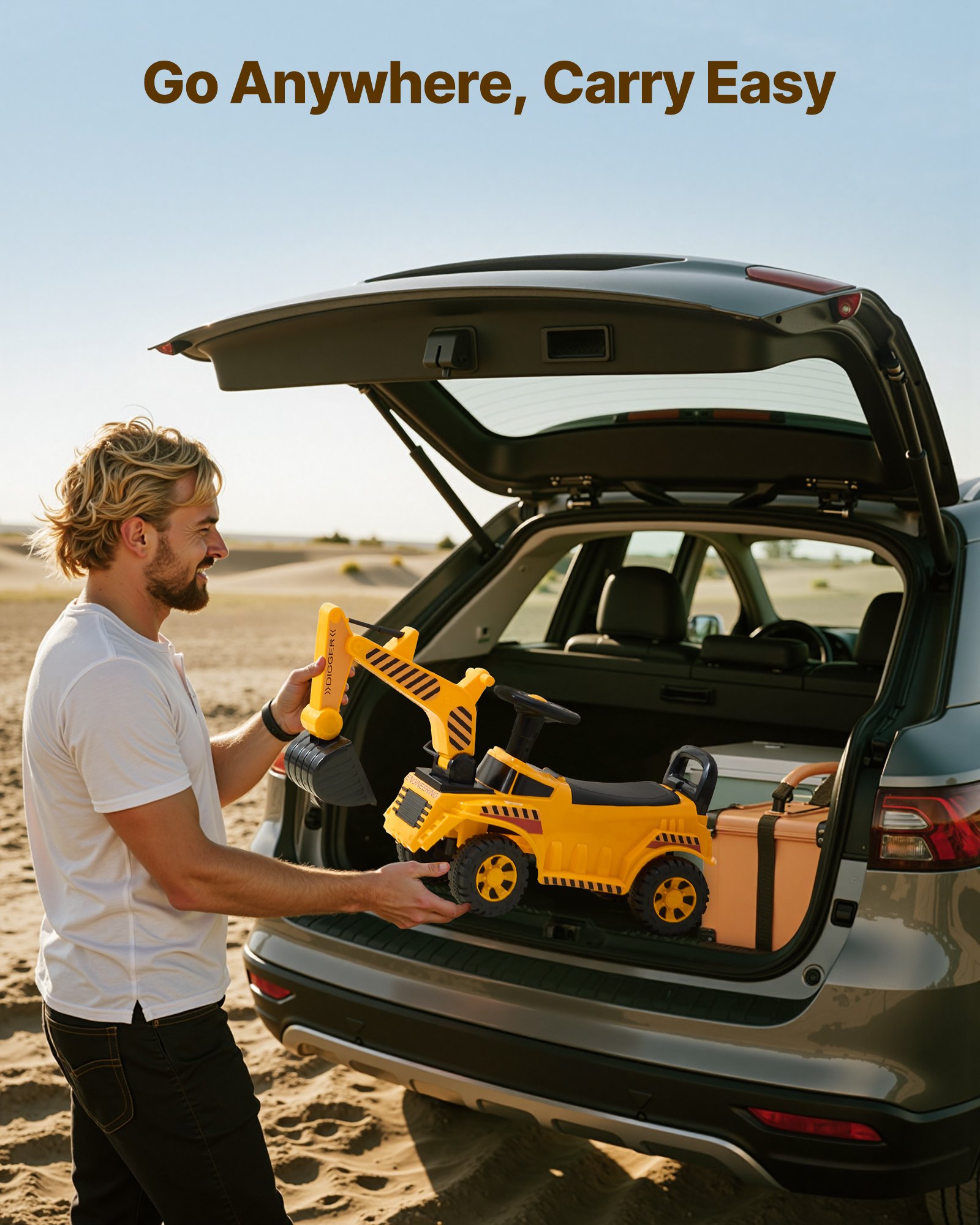 VEVOR Coche Correpasillos para Niños, Excavadora de Juguete de 1070 x 290 x 540 mm con Casco, Música y Pedales, Capacidad de Carga de 25 kg, Andador para Niños de 19 a 36 Meses, Amarillo