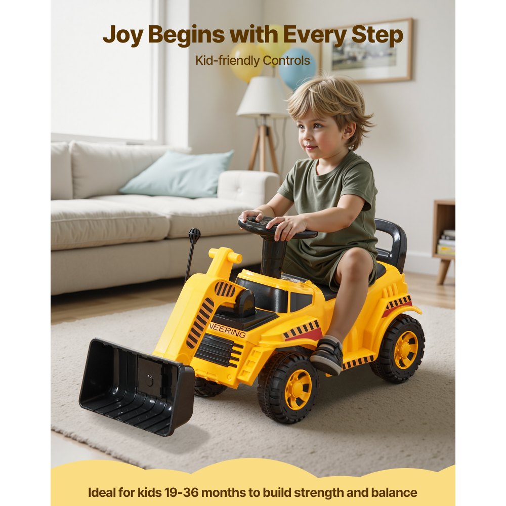 VEVOR Excavadora Correpasillos, Excavadora para Niños 107 x 29 x 54 cm con Sistema Antivuelco y Compartimento Bajo el Asiento, Capacidad de 25 kg, Andador para Niños de 19 a 36 Meses, Amarillo