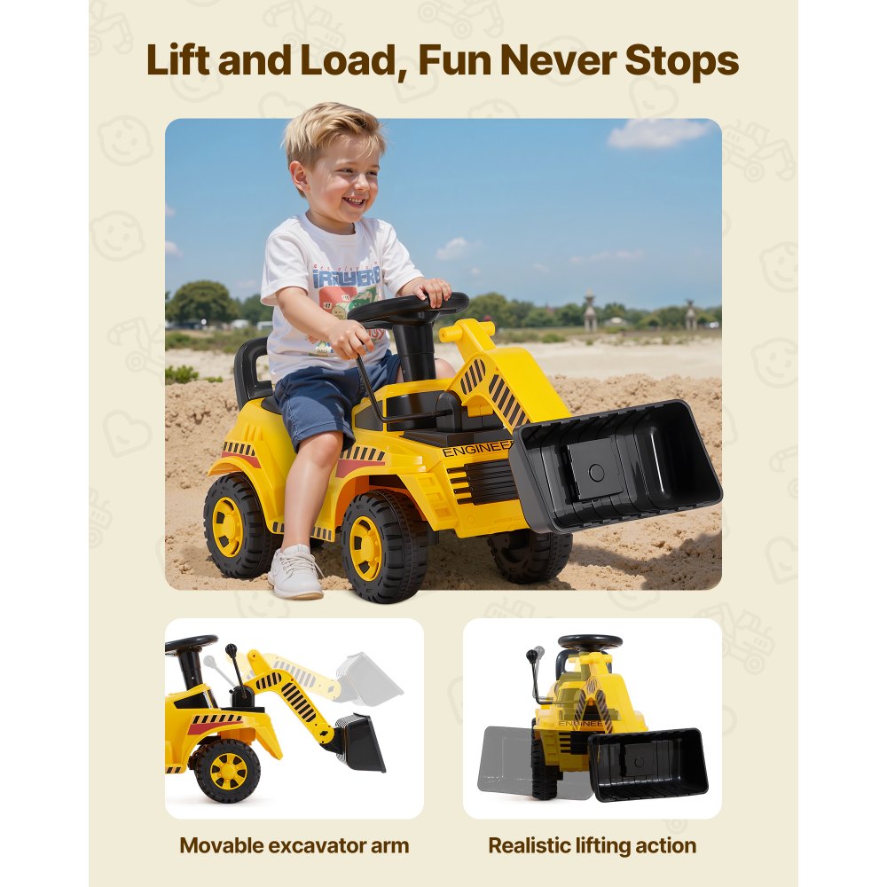 VEVOR Excavadora Correpasillos, Excavadora para Niños 107 x 29 x 54 cm con Sistema Antivuelco y Compartimento Bajo el Asiento, Capacidad de 25 kg, Andador para Niños de 19 a 36 Meses, Amarillo