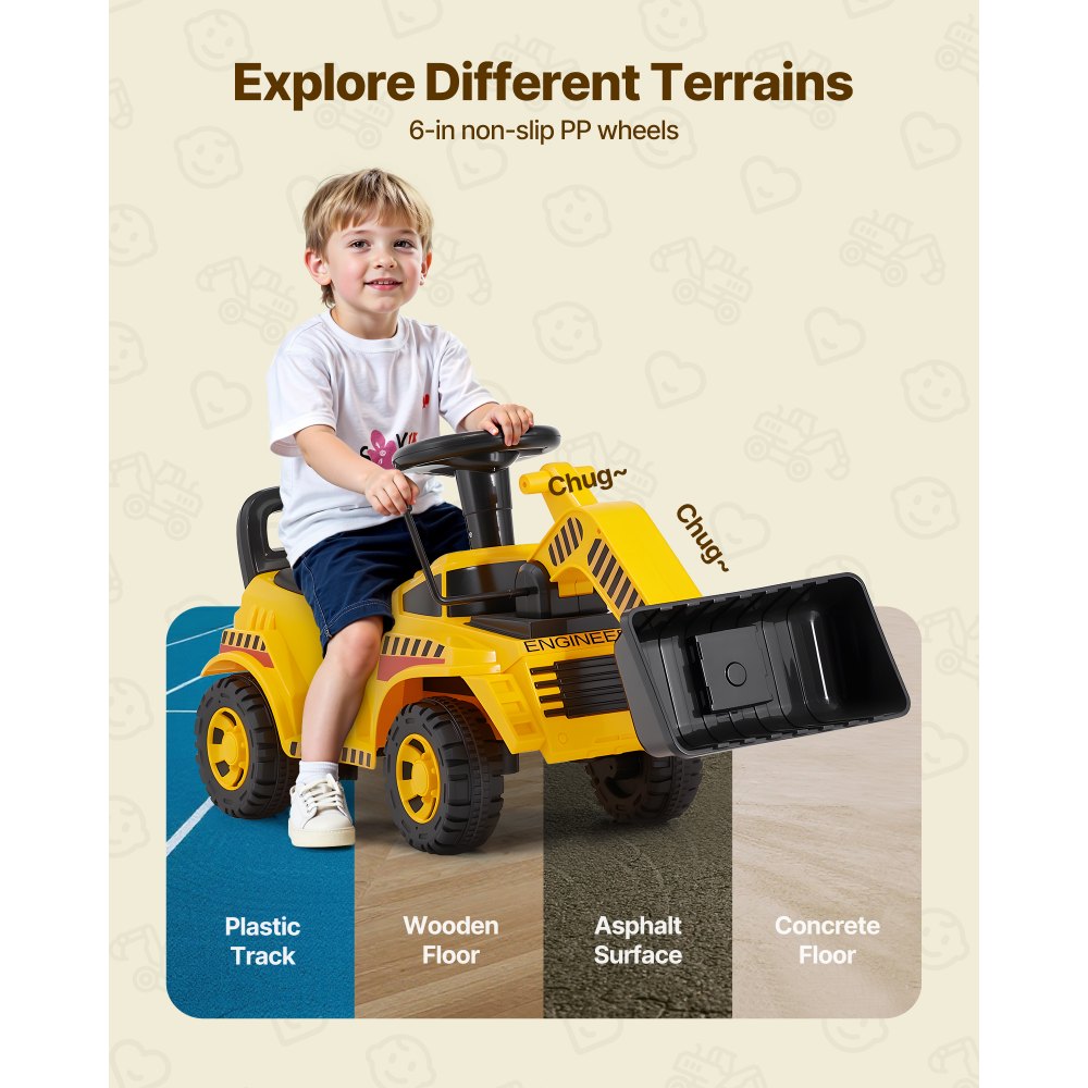 VEVOR Excavadora Correpasillos, Excavadora para Niños 107 x 29 x 54 cm con Sistema Antivuelco y Compartimento Bajo el Asiento, Capacidad de 25 kg, Andador para Niños de 19 a 36 Meses, Amarillo