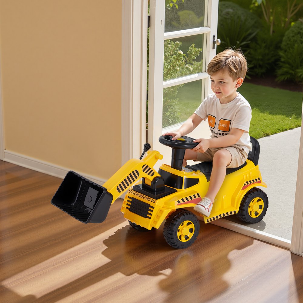 VEVOR Excavadora Correpasillos, Excavadora para Niños 107 x 29 x 54 cm con Sistema Antivuelco y Compartimento Bajo el Asiento, Capacidad de 25 kg, Andador para Niños de 19 a 36 Meses, Amarillo
