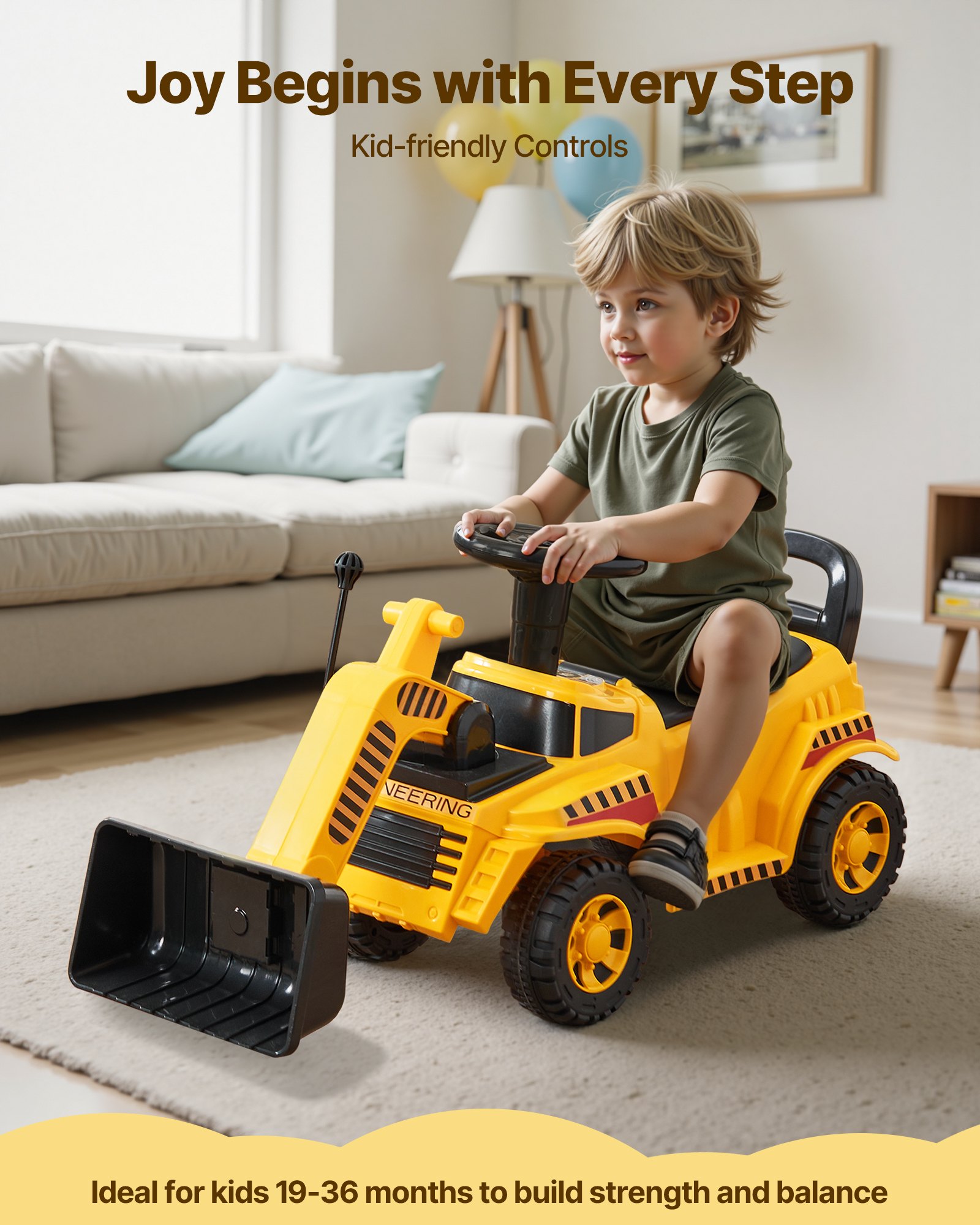 VEVOR Excavadora Correpasillos, Excavadora para Niños 107 x 29 x 54 cm con Sistema Antivuelco y Compartimento Bajo el Asiento, Capacidad de 25 kg, Andador para Niños de 19 a 36 Meses, Amarillo