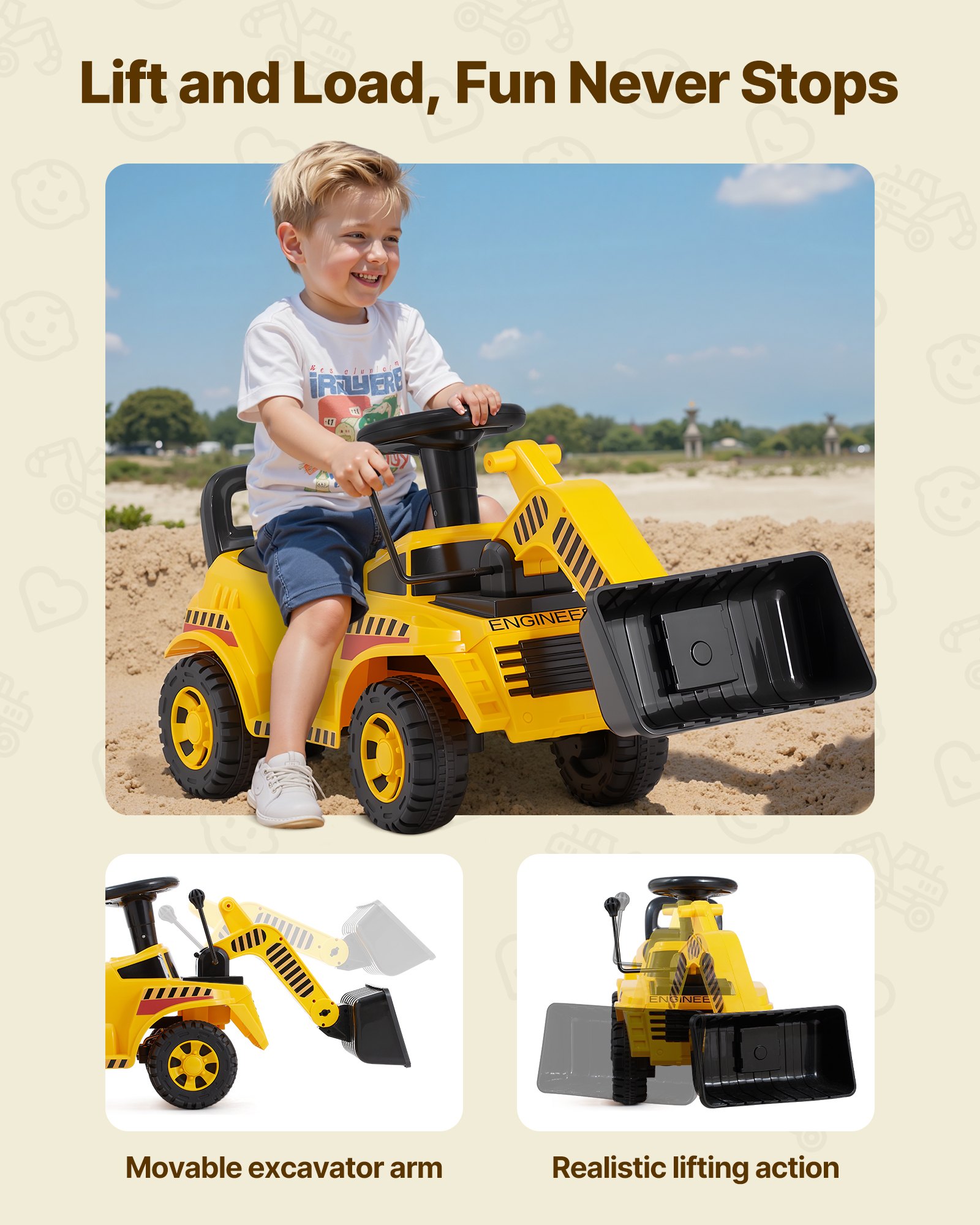 VEVOR Excavadora Correpasillos, Excavadora para Niños 107 x 29 x 54 cm con Sistema Antivuelco y Compartimento Bajo el Asiento, Capacidad de 25 kg, Andador para Niños de 19 a 36 Meses, Amarillo
