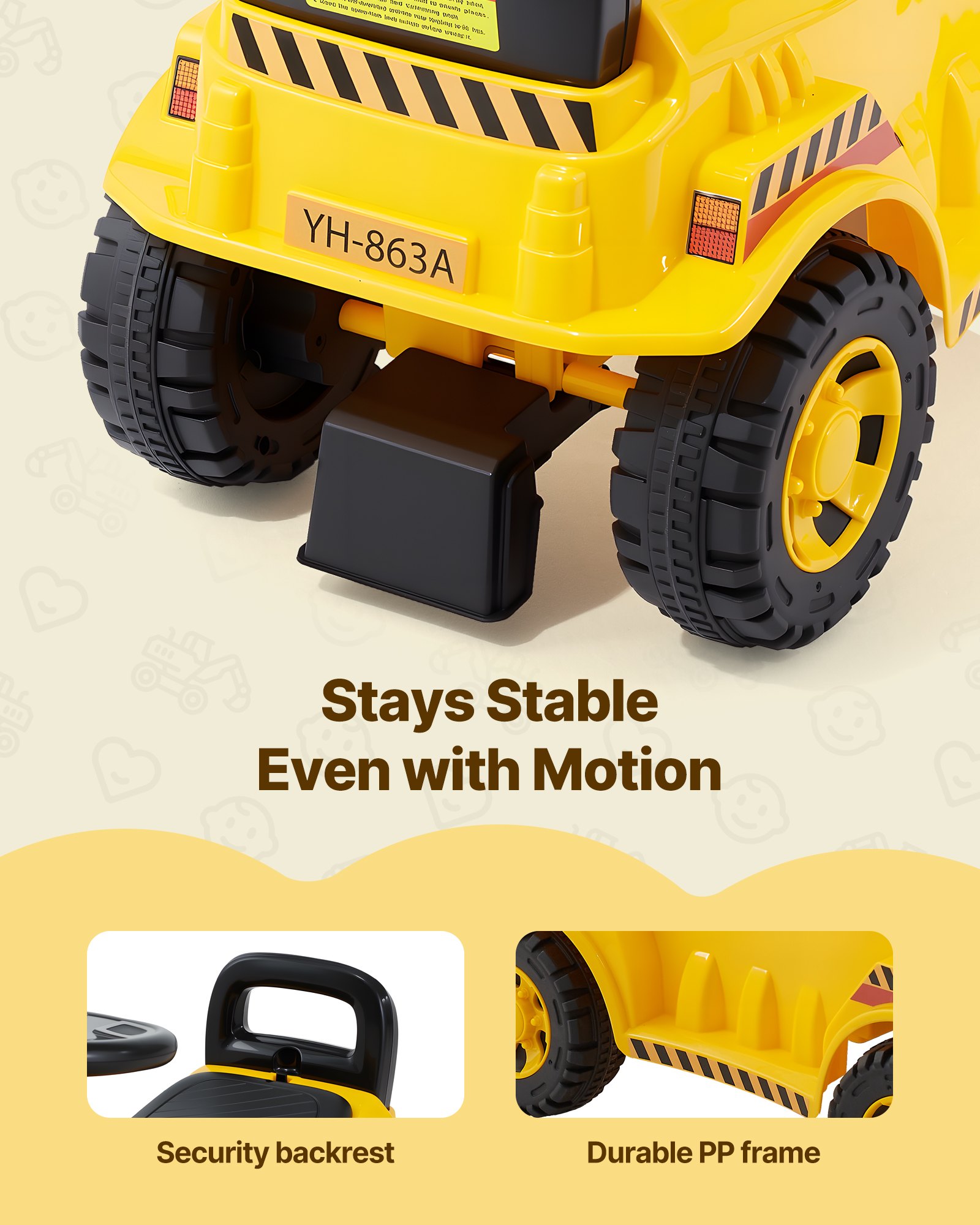 VEVOR Excavadora Correpasillos, Excavadora para Niños 107 x 29 x 54 cm con Sistema Antivuelco y Compartimento Bajo el Asiento, Capacidad de 25 kg, Andador para Niños de 19 a 36 Meses, Amarillo