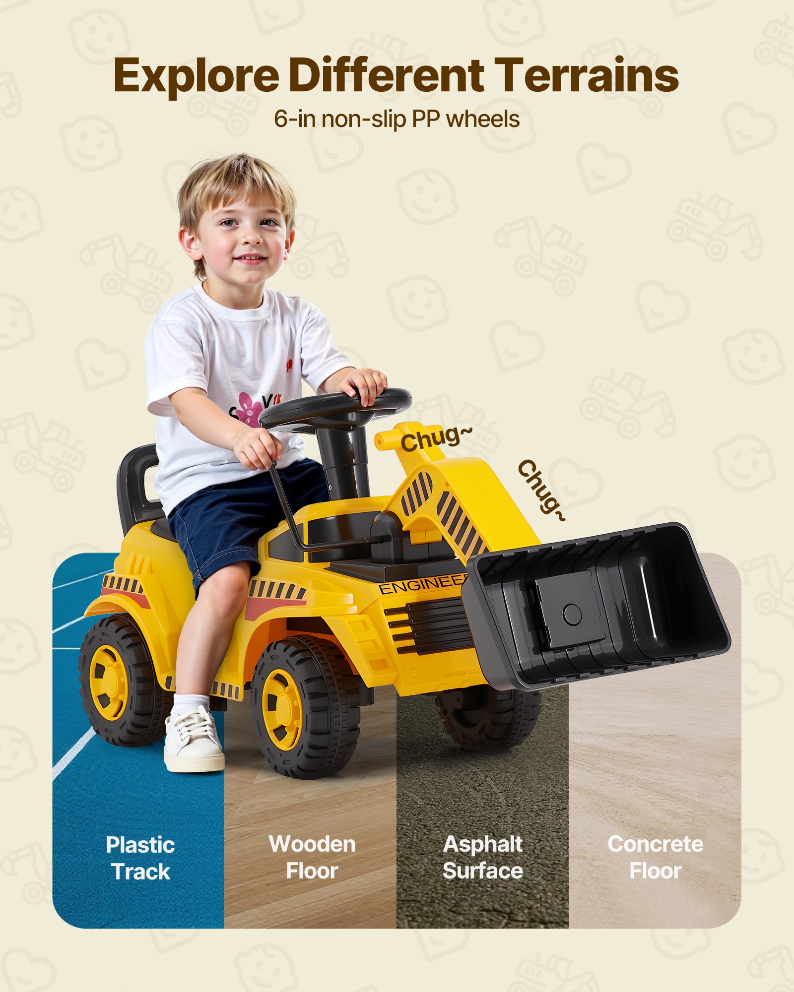 VEVOR Excavadora Correpasillos, Excavadora para Niños 107 x 29 x 54 cm con Sistema Antivuelco y Compartimento Bajo el Asiento, Capacidad de 25 kg, Andador para Niños de 19 a 36 Meses, Amarillo