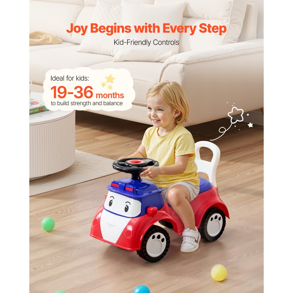 VEVOR Coche Correpasillos, 620 x 275 x 395 mm, Correpasillos para Niños con Música y Espacio de Almacenamiento Bajo el Asiento, Capacidad de Carga de 25 kg, Andador para Niños de 19 a 36 Meses, Rojo