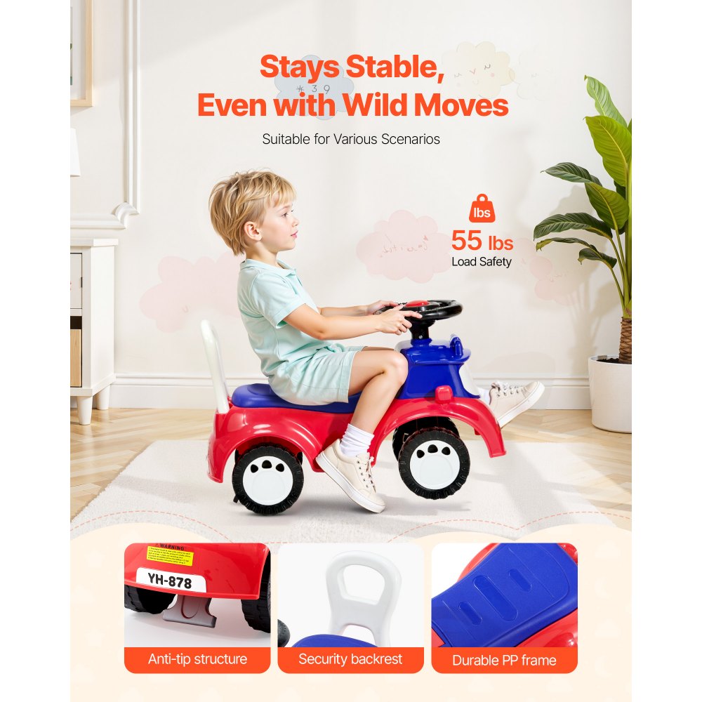 VEVOR Coche Correpasillos, 620 x 275 x 395 mm, Correpasillos para Niños con Música y Espacio de Almacenamiento Bajo el Asiento, Capacidad de Carga de 25 kg, Andador para Niños de 19 a 36 Meses, Rojo