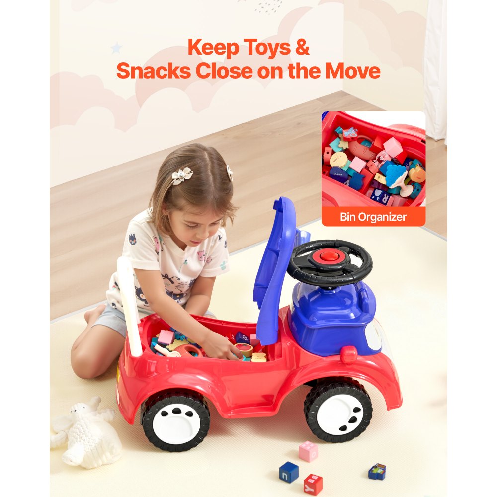 VEVOR Coche Correpasillos, 620 x 275 x 395 mm, Correpasillos para Niños con Música y Espacio de Almacenamiento Bajo el Asiento, Capacidad de Carga de 25 kg, Andador para Niños de 19 a 36 Meses, Rojo