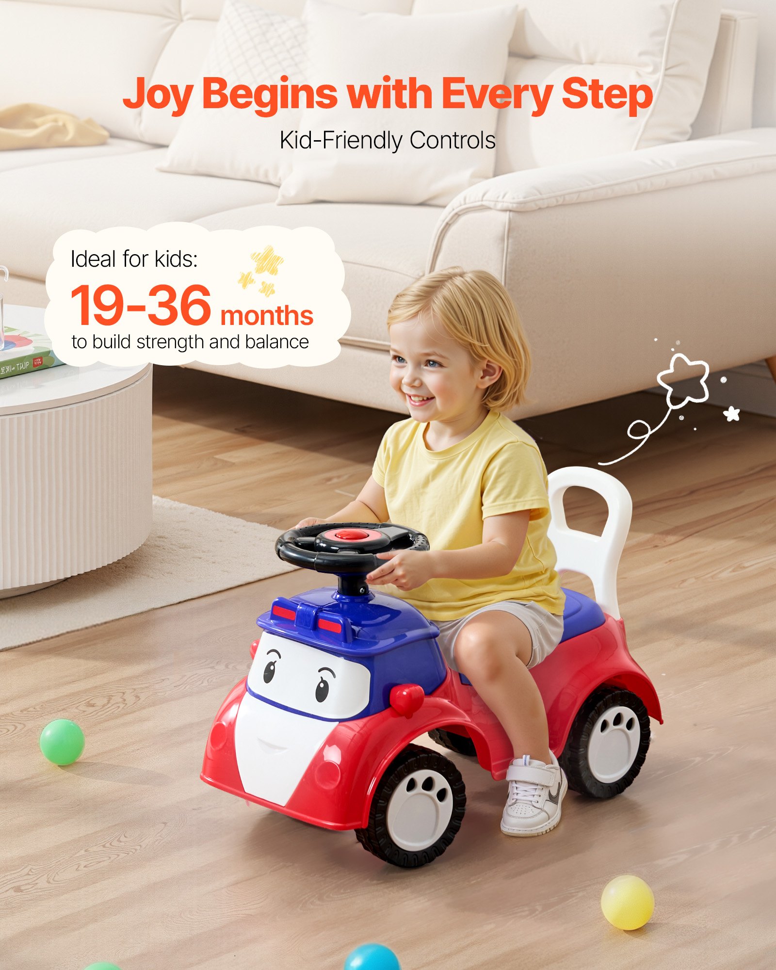VEVOR Coche Correpasillos, 620 x 275 x 395 mm, Correpasillos para Niños con Música y Espacio de Almacenamiento Bajo el Asiento, Capacidad de Carga de 25 kg, Andador para Niños de 19 a 36 Meses, Rojo