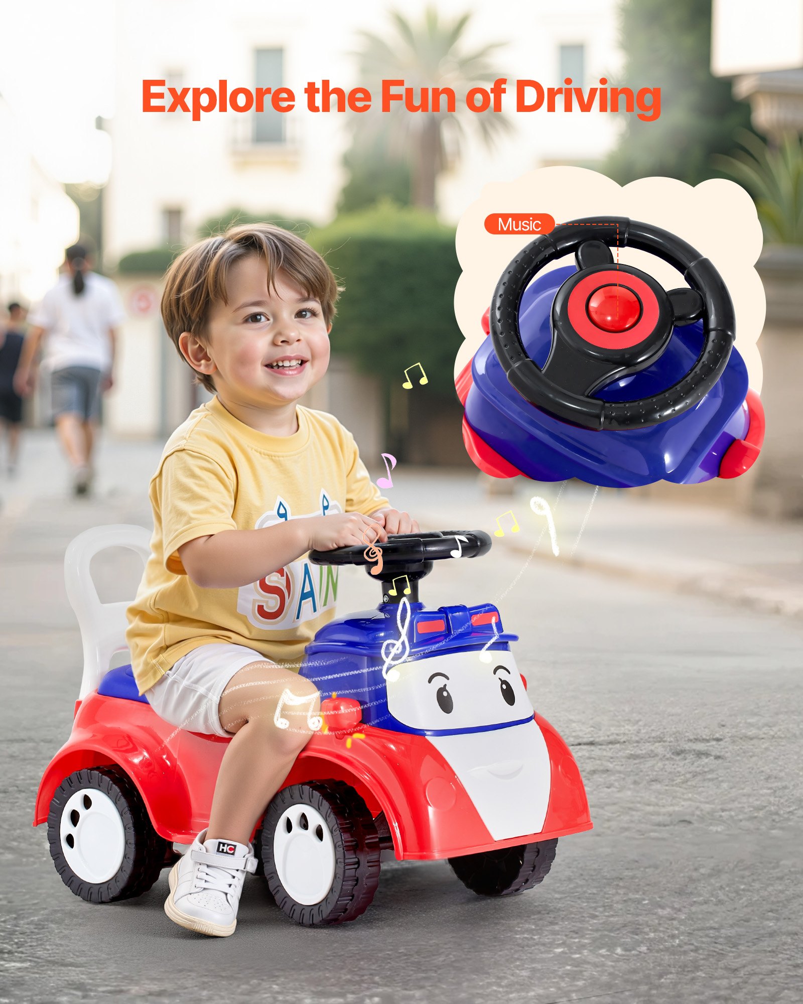 VEVOR Coche Correpasillos, 620 x 275 x 395 mm, Correpasillos para Niños con Música y Espacio de Almacenamiento Bajo el Asiento, Capacidad de Carga de 25 kg, Andador para Niños de 19 a 36 Meses, Rojo