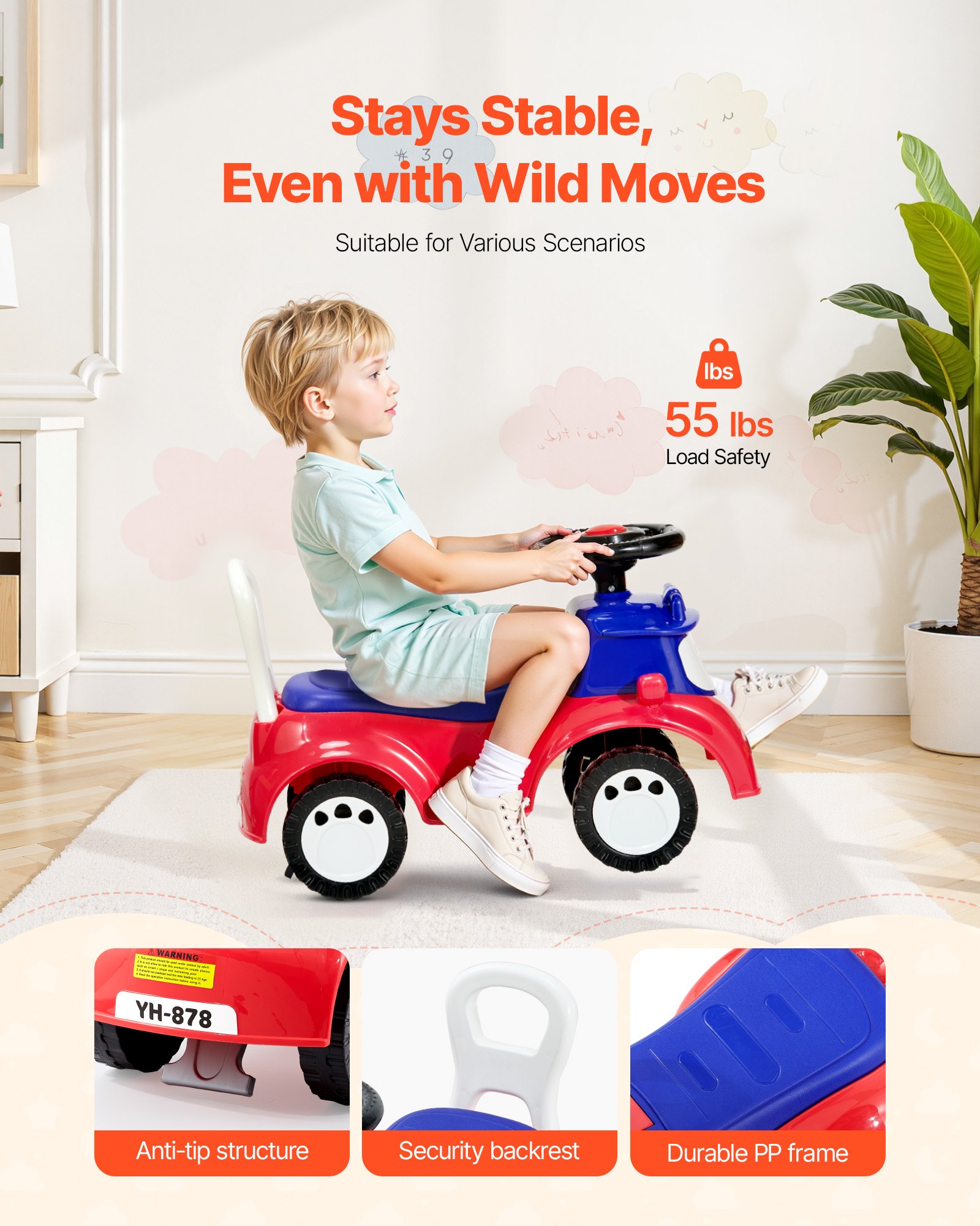 VEVOR Coche Correpasillos, 620 x 275 x 395 mm, Correpasillos para Niños con Música y Espacio de Almacenamiento Bajo el Asiento, Capacidad de Carga de 25 kg, Andador para Niños de 19 a 36 Meses, Rojo