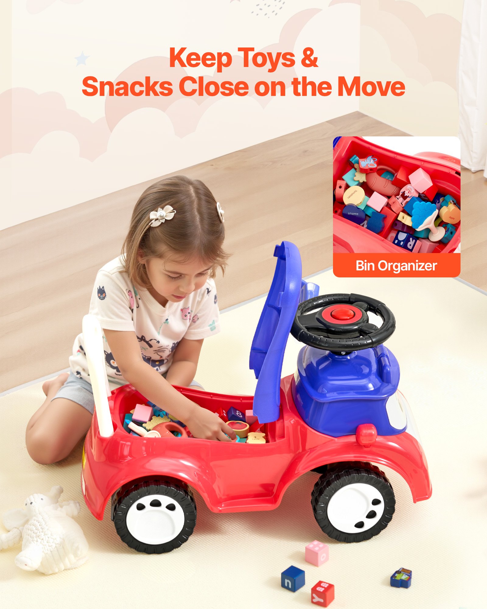 VEVOR Coche Correpasillos, 620 x 275 x 395 mm, Correpasillos para Niños con Música y Espacio de Almacenamiento Bajo el Asiento, Capacidad de Carga de 25 kg, Andador para Niños de 19 a 36 Meses, Rojo