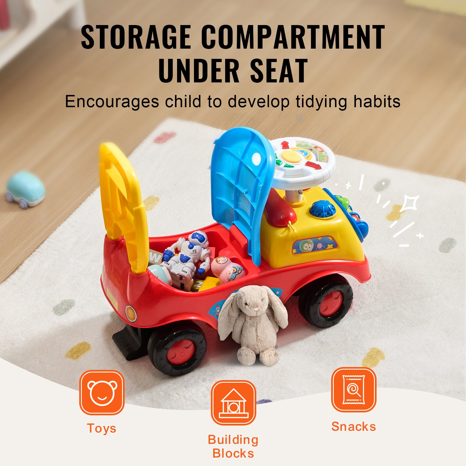 VEVOR Coche de paseo para niños pequeños, de 1 a 3 años, Ride Racer, juguete para montar para niños pequeños, coche clásico para niños con volante musical, bocina y almacenamiento debajo del asiento, juguete para montar para niños y niñas
