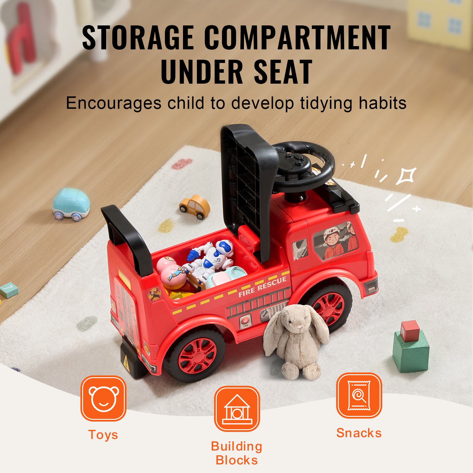 VEVOR Coche de paseo para niños pequeños, de 1 a 3 años, Ride Racer, juguete para montar para niños pequeños, coche clásico para niños con volante musical y almacenamiento debajo del asiento, juguete para montar para niños y niñas, rojo
