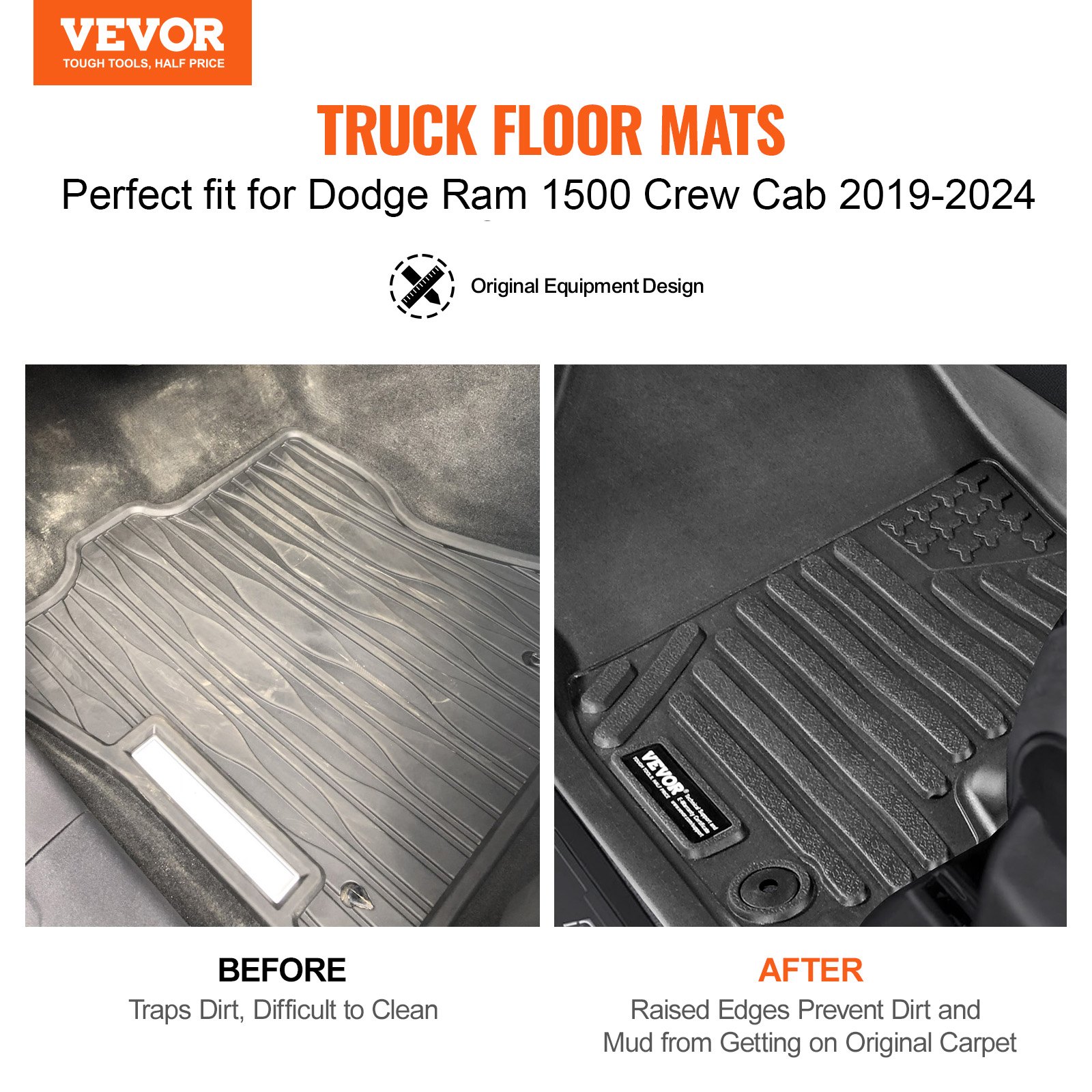 VEVOR Alfombrillas para Automóvil, Aptas para Dodge Ram 1500 2019-2024, 3 Piezas de Revestimientos para la Primera y Segunda Fila, TPE para Todo Tipo de Clima, Fácil de Limpiar y Seguros, Negro