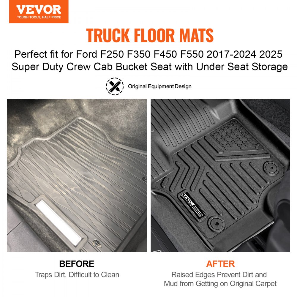 VEVOR Alfombrillas para Automóvil, Aptas para Ford F-250/F-350/F-450 2017-2022, 3 Piezas de Revestimientos para la Primera y Segunda Fila, TPE, Todo Tipo de Clima, Fácil de Limpiar, Color Negro