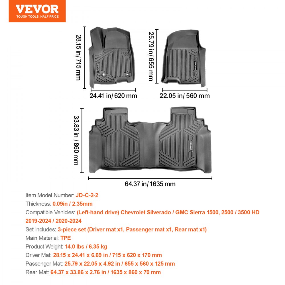 VEVOR Alfombrillas para Automóvil, Chevrolet Silverado/GMC Sierra 1500, 2500/3500 HD 2019-2024/2020-2024, 3 Piezas de Revestimientos para la Primera y Segunda Fila, TPE, para Todo Tipo de Clima, Negro