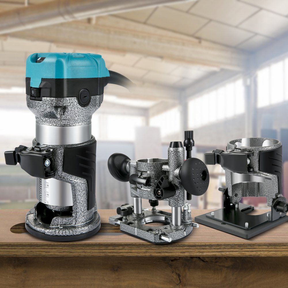 VEVR One-Hand Wood Router 710 W, Electric Hand Wood Router 33000 rpm, Fixed Base, Tilting Base, Plunge Base, 3 Collets, Router Bits 6.35 / 8 mm Included, Curve Guide, Edge Router