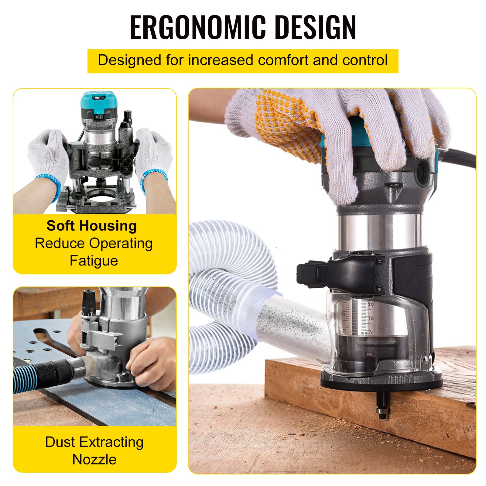 VEVR One-Hand Wood Router 710 W, Electric Hand Wood Router 33000 rpm, Fixed Base, Tilting Base, Plunge Base, 3 Collets, Router Bits 6.35 / 8 mm Included, Curve Guide, Edge Router