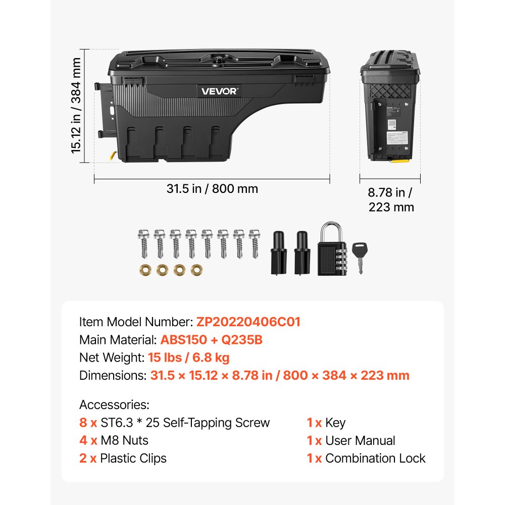VEVOR Caja de Herramientas 25 L, ABS Impermeable, para Caja de Camioneta, Compatible con Dodge Ram 1500 2019-2023, Lado del Conductor Izquierdo, Se Requiere Perforación, con Cerradura y Llave, Negro