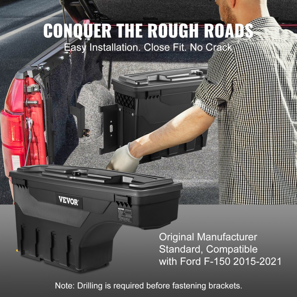 VEVOR Caja de Herramientas para Camión 25 L ABS Caja de Almacenamiento con Cerradura y Llave para Almacenamiento de Volcado de Coche, Compatible con Ford F-150 2015-2021, Lado del Conductor, Negro