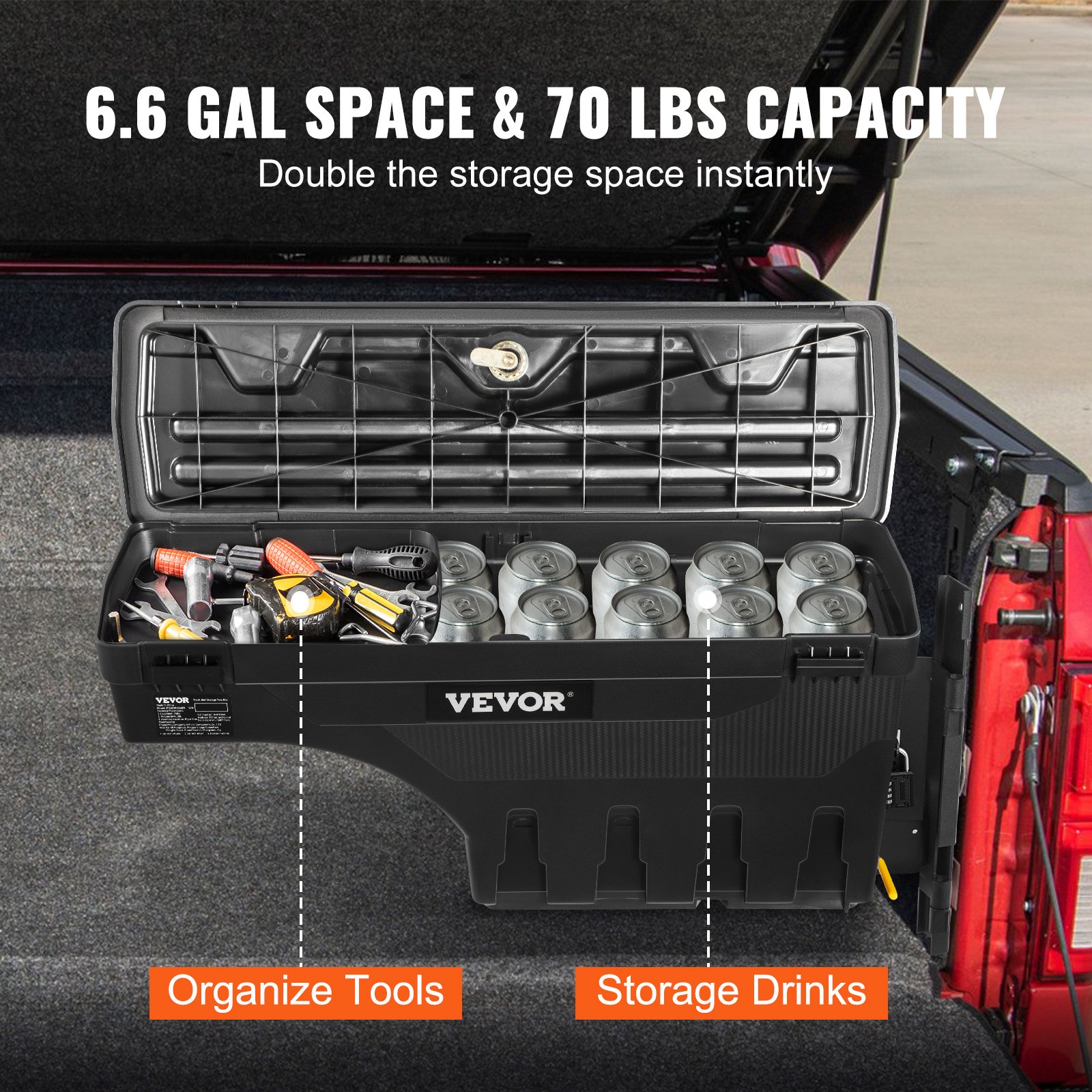 VEVOR Caja de Herramientas para Camión 25 L ABS Caja de Almacenamiento con Cerradura y Llave para Almacenamiento de Volcado de Coche, Compatible con Ford F-150 2015-2021, Lado del Pasajero, Negro